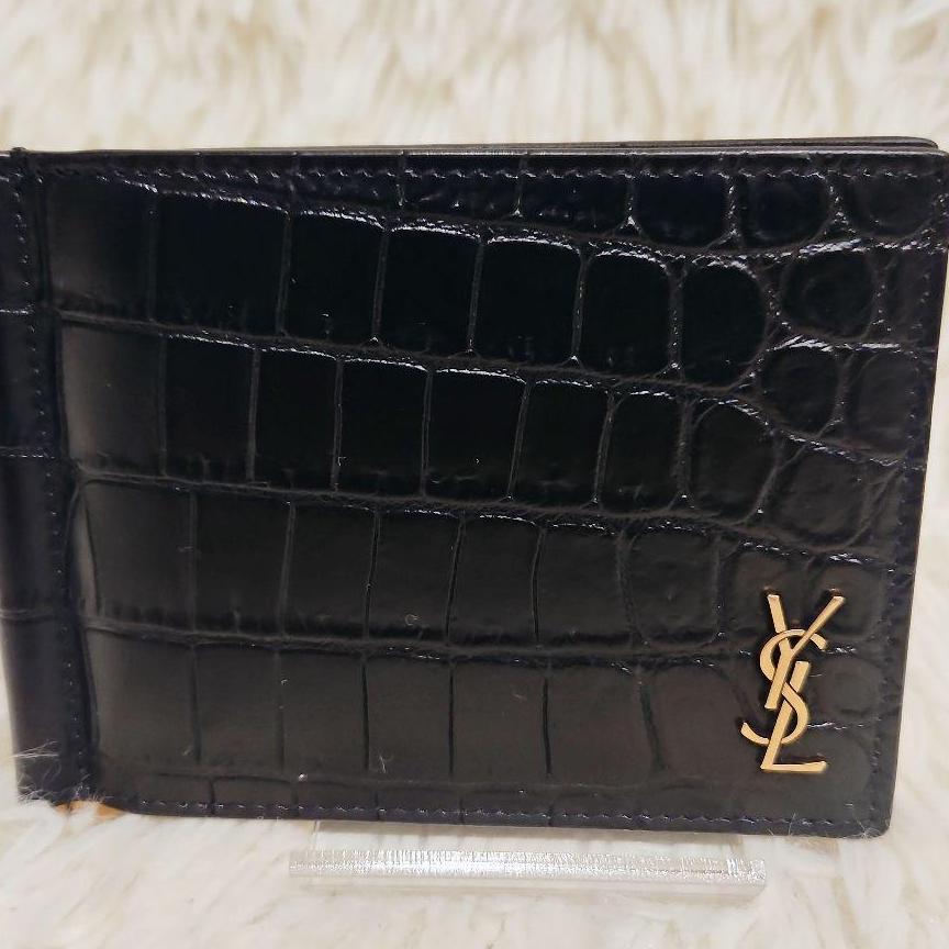 競売美品　サンローラン　マネークリップ　ロゴ　ゴールド　クロコ　札入れ　YSL　黒