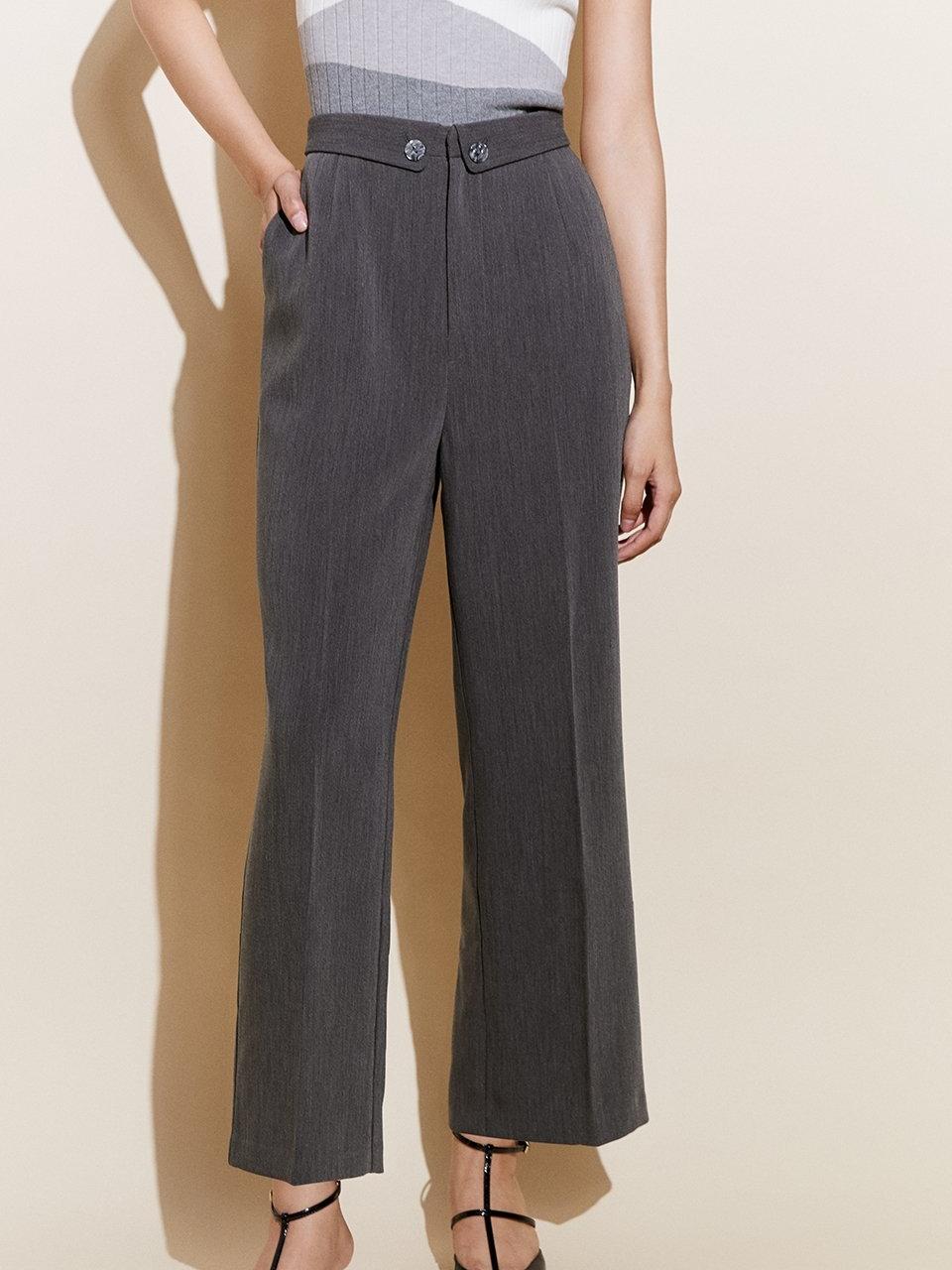 Folded Waistband Slack Pants Dark Grey